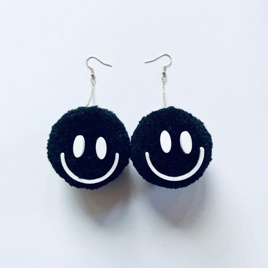 Black Smiley Pom Pom Drop Earrings
