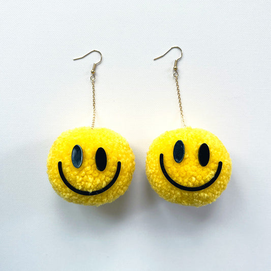 Yellow Smiley Pom Pom Drop Earrings